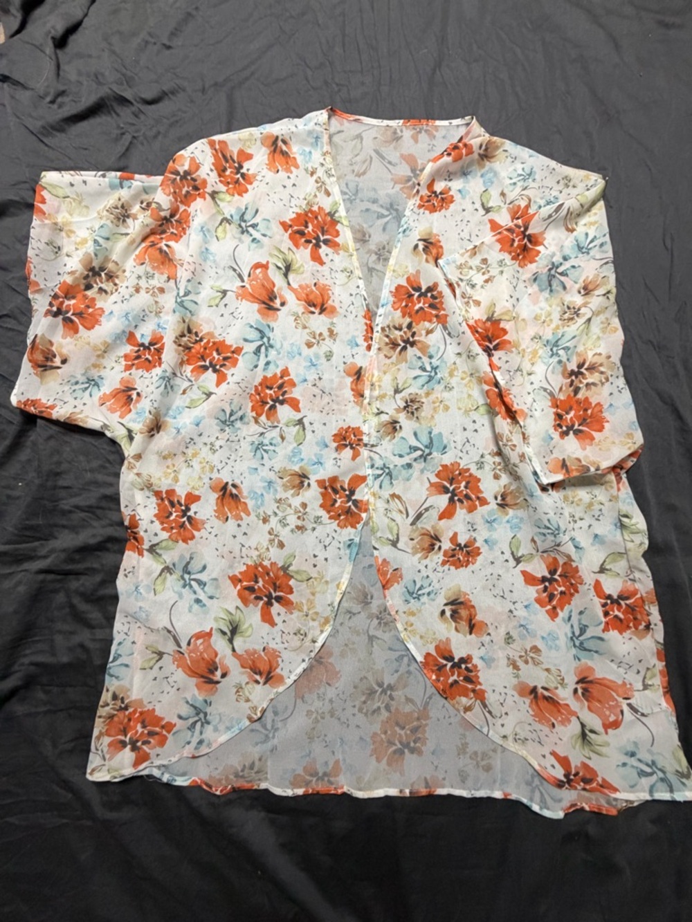 Floral Open-Front Tunic Kimono - Cream with Orange & Blue Flowers